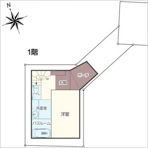 16坪：3LDK狭小住宅参考プラン　旗竿地　2階リビング