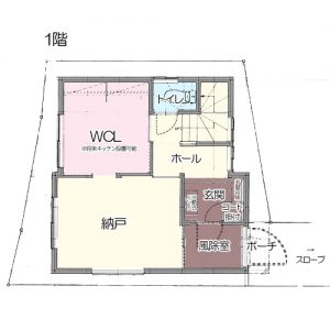 狭小3階建て住宅　間取りプラン　敷地面積約22坪　旗竿地　2DK＋納戸＋WC